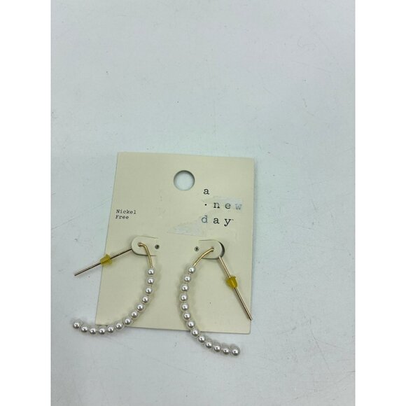 A New Day Pearl Hoop Earrings 1.5in Gold Tone Nickel Free - Picture 1 of 5